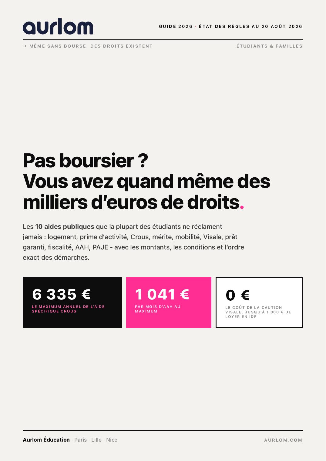 Couverture du guide Aurlom : les 10 aides publiques des étudiants non boursiers
