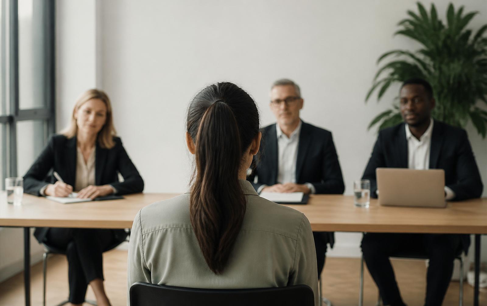 Candidat face à un jury d'admission lors d'un entretien de motivation