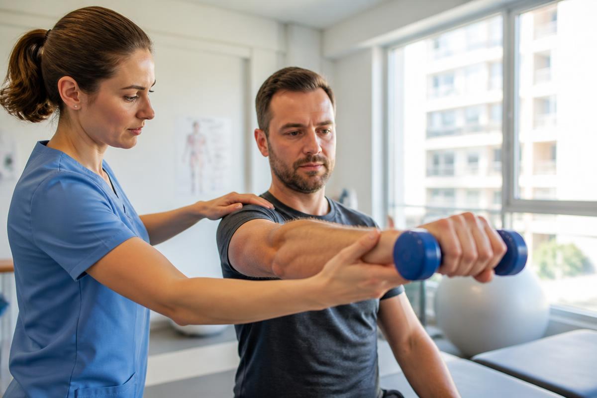 Kinésithérapeute accompagnant un patient lors d'un exercice de rééducation