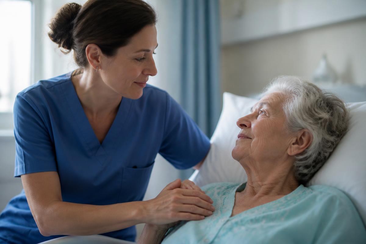 Infirmière au chevet d'une patiente âgée à l'hôpital