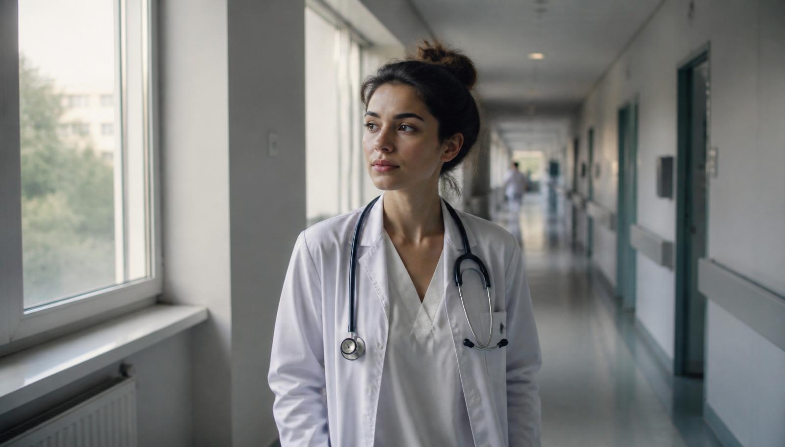 Étudiante en santé en blouse blanche dans un couloir d'hôpital
