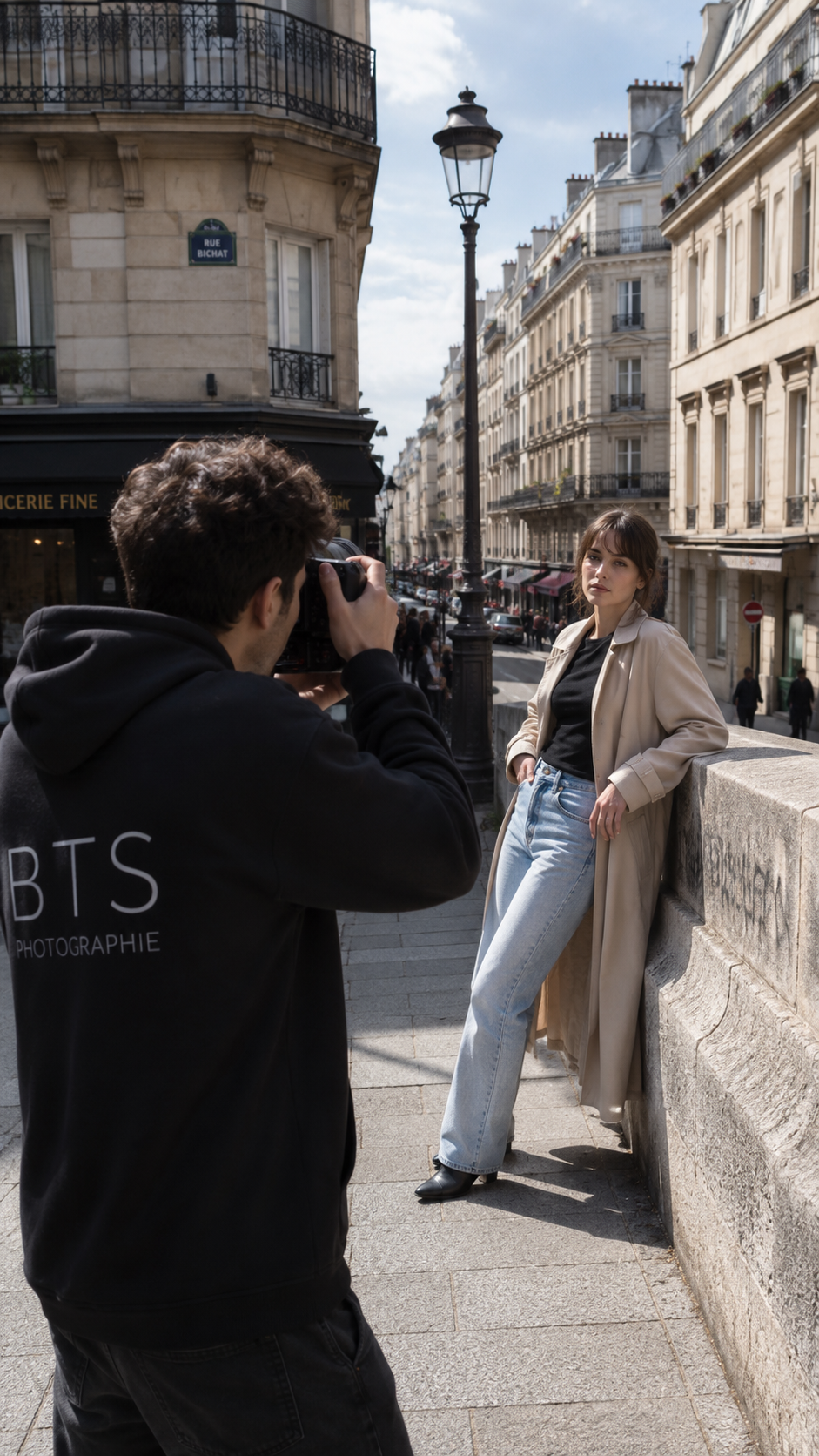 Étudiant en shooting mode dans une rue parisienne