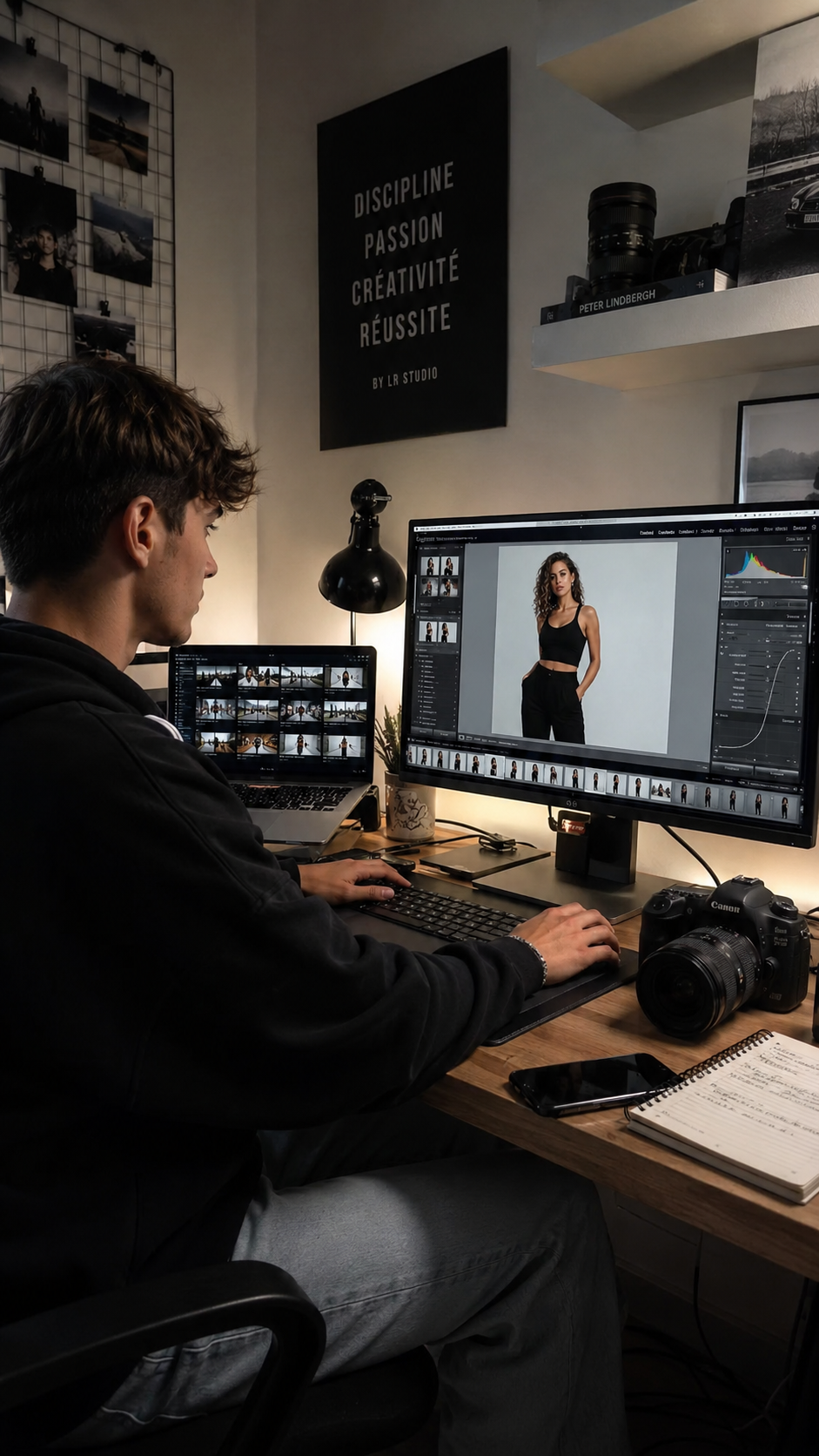 Étudiant en shooting packshot dans un mini-studio
